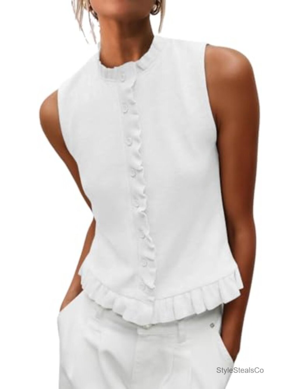 Sleeveless Sweater Vest Mockneck Button Down Ruffle Knit Tank Top